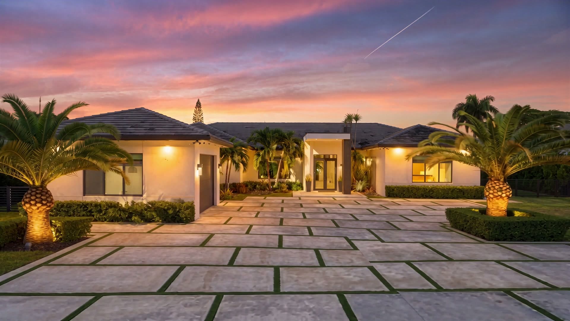 Finished home at sunset with lights on